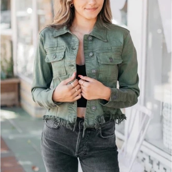 Hidden Jackets & Blazers - Hidden Cropped Denim Jacket Frayed Hem Olive Army Green Military EUC Small